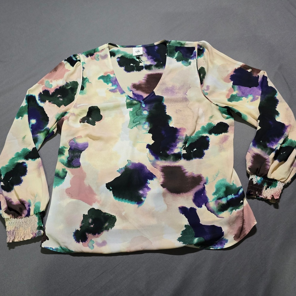 Cabi V-Neck Blouse Womens Large Multicolor Watercolor Smocked Sleeve 4341